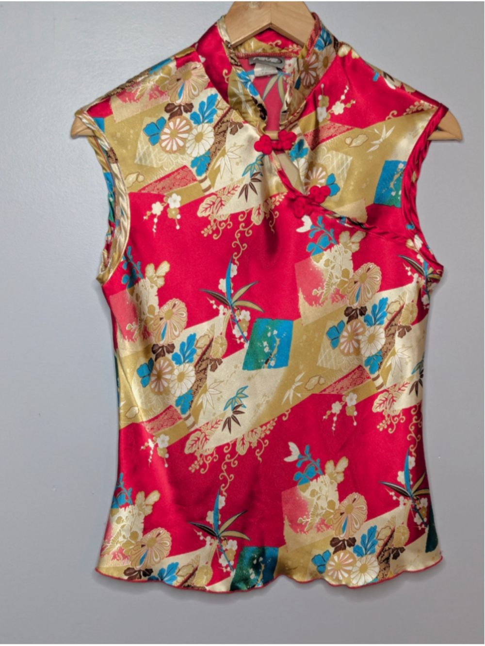 Vintage 90s Rave Red Satin Qipao Top Mandarin Collar Cheongsam Size M